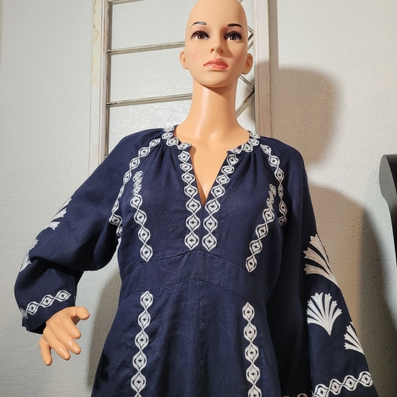 Boden UNA Blue Embroidered Elastic Waist Linen Maxi Bohemian Dress Size Large - Picture 3 of 15